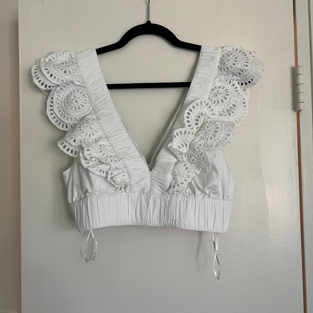 Abercrombie White Eyelet Sleeve V-Neck Crop Top